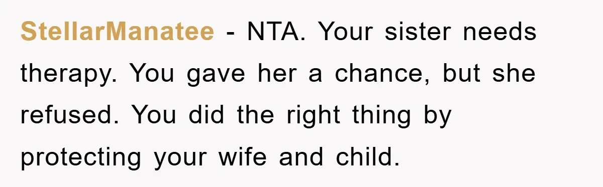 StellarManatee − NTA. Your sister needs therapy. You gave her a chance, but she refused. You did the right thing by protecting your wife and child.