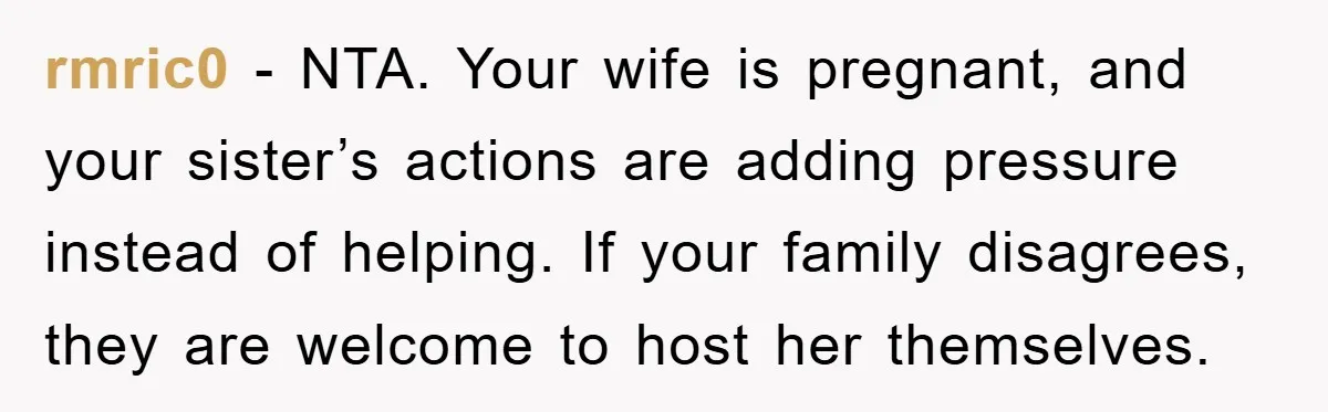 rmric0 − NTA. Your wife is pregnant, and your sister’s actions are adding pressure instead of helping. If your family disagrees, they are welcome to host her themselves.