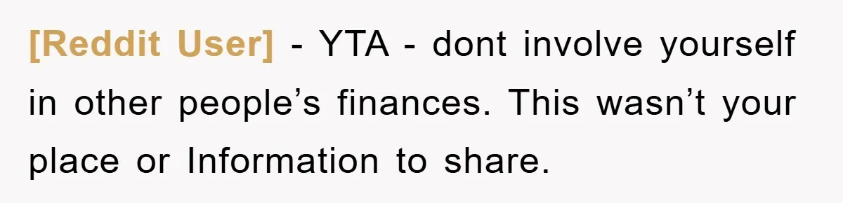 [Reddit User] − YTA - dont involve yourself in other people’s finances. This wasn’t your place or Information to share.
