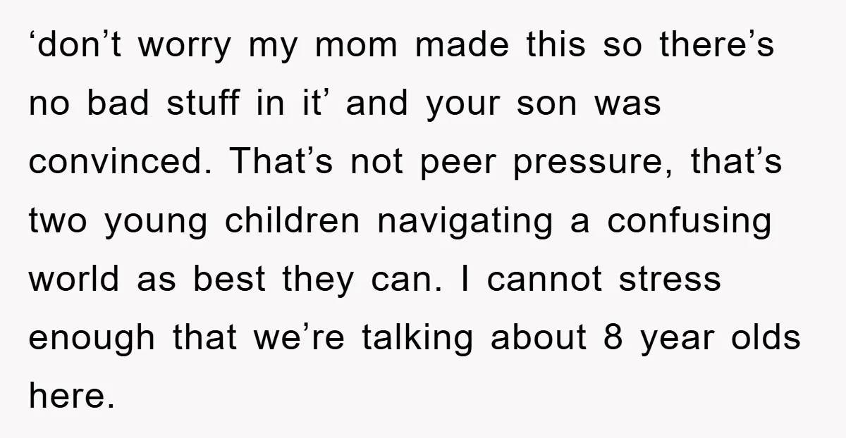 ‘don’t worry my mom made this so there’s no bad stuff in it’ and your son was convinced. That’s not peer pressure, that’s two young children navigating a confusing world...