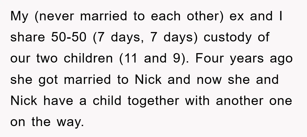 My (never married to each other) ex and I share 50-50 (7 days, 7 days) custody of our two children (11 and 9). Four years ago she got married to...