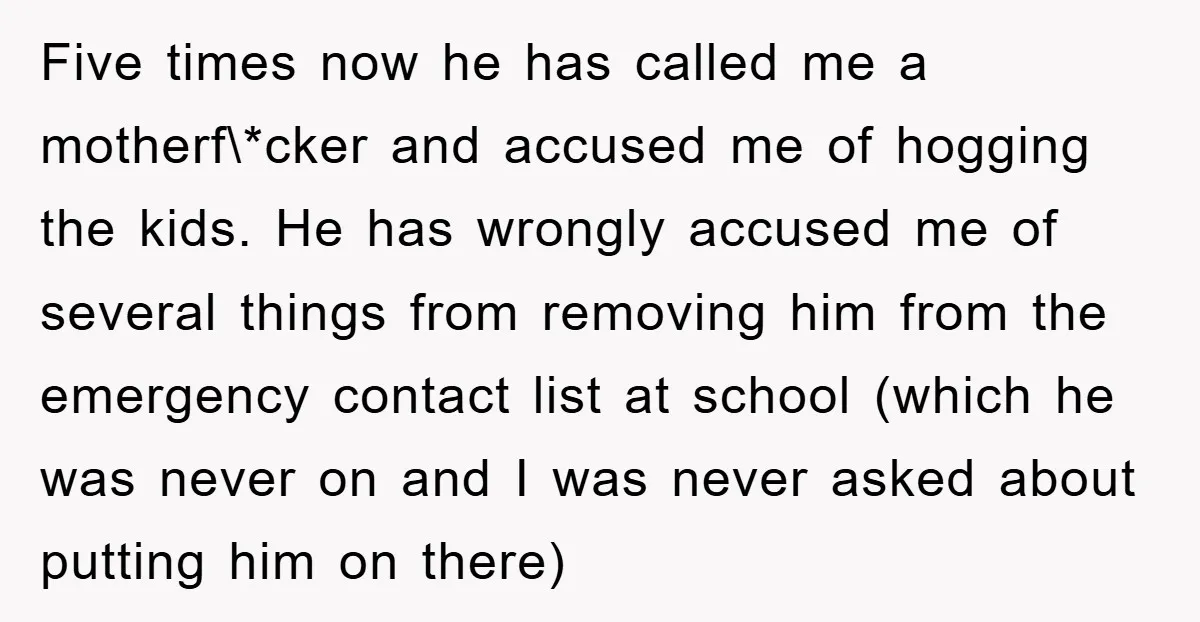 Five times now he has called me a motherf\*cker and accused me of hogging the kids. He has wrongly accused me of several things from removing him from the emergency...