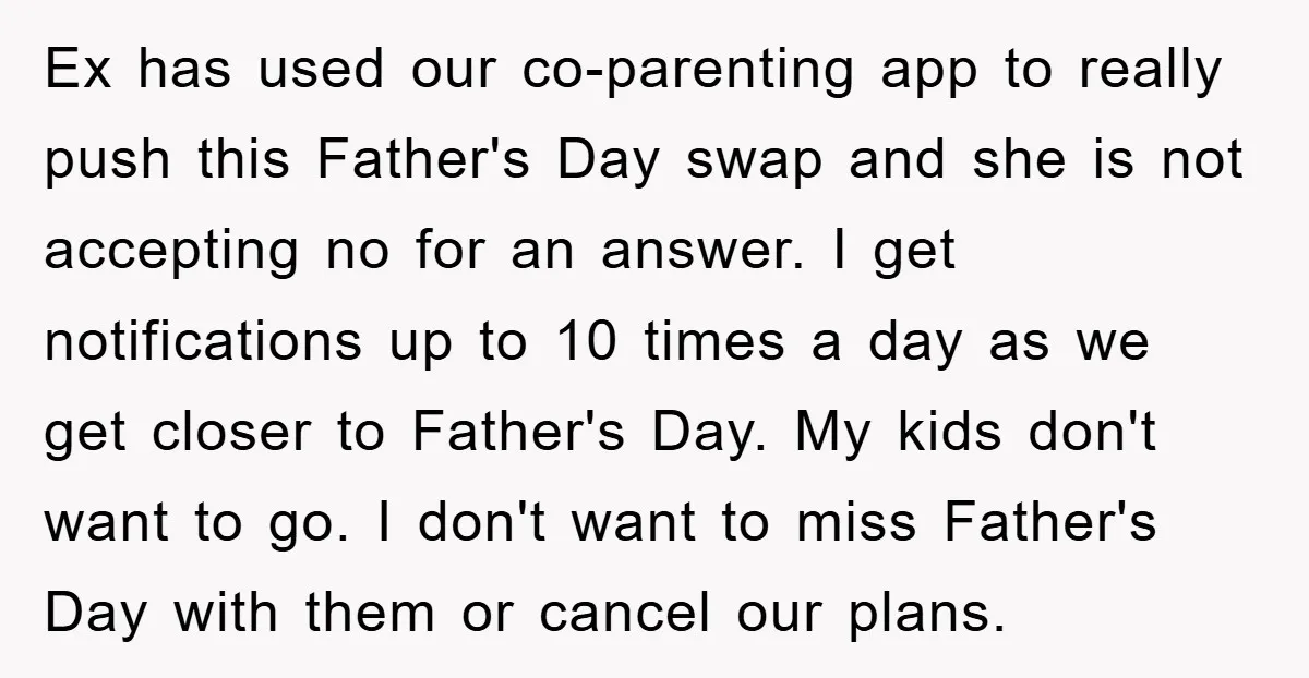 Ex has used our co-parenting app to really push this Father's Day swap and she is not accepting no for an answer. I get notifications up to 10 times a...