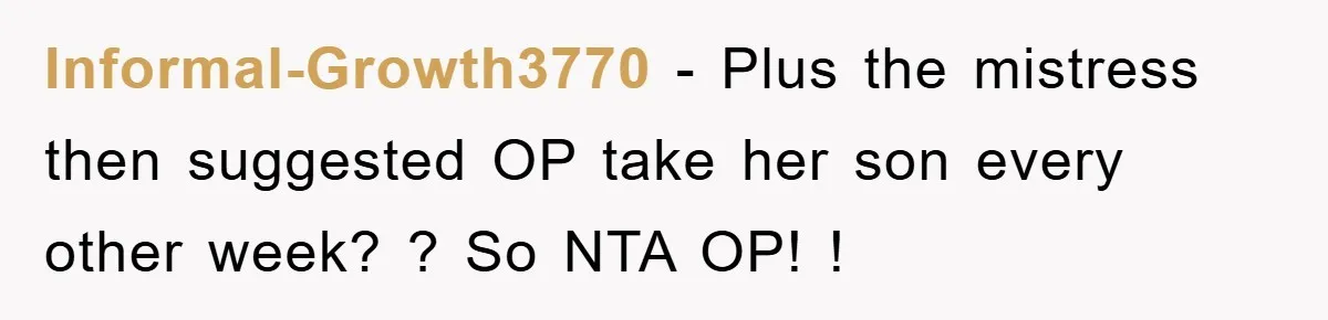 Informal-Growth3770 − Plus the mistress then suggested OP take her son every other week? ? So NTA OP! !