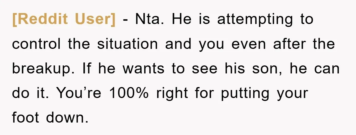[Reddit User] − Nta. He is attempting to control the situation and you even after the breakup. If he wants to see his son, he can do it. You’re 100%...