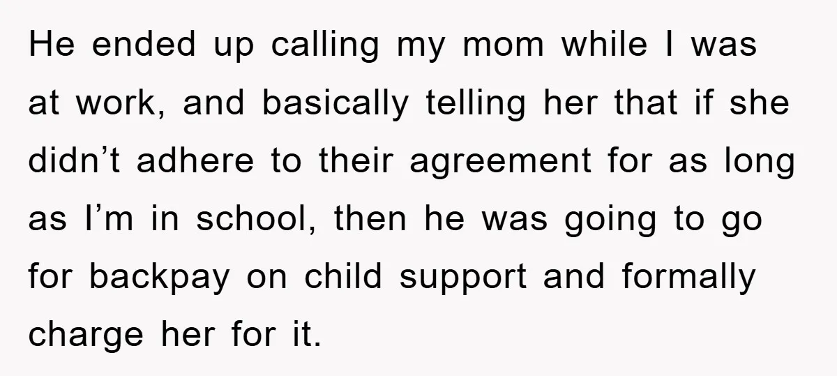 He ended up calling my mom while I was at work, and basically telling her that if she didn’t adhere to their agreement for as long as I’m in school,...