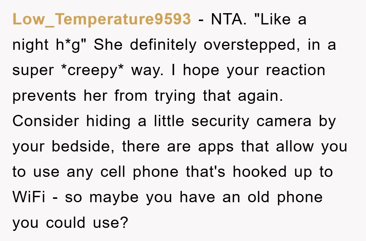 Low_Temperature9593 − NTA. "Like a night h*g" She definitely overstepped, in a super *creepy* way. I hope your reaction prevents her from trying that again. Consider hiding a little security...