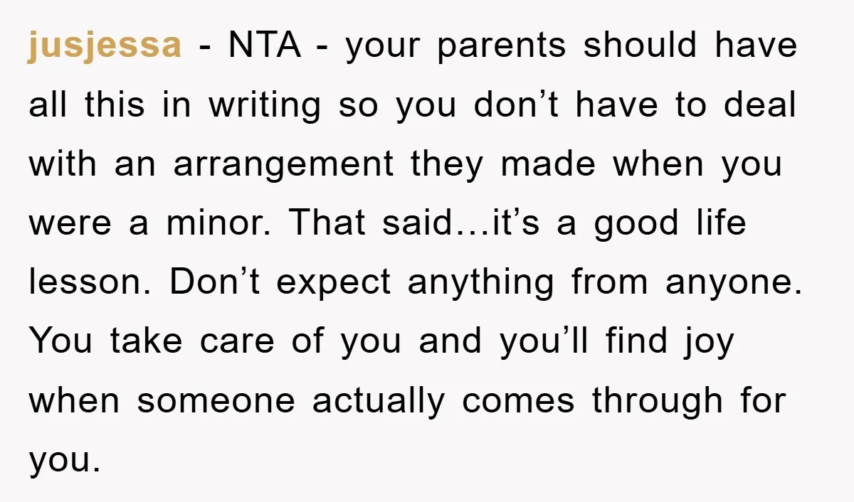 jusjessa − NTA - your parents should have all this in writing so you don’t have to deal with an arrangement they made when you were a minor. That said…it’s...