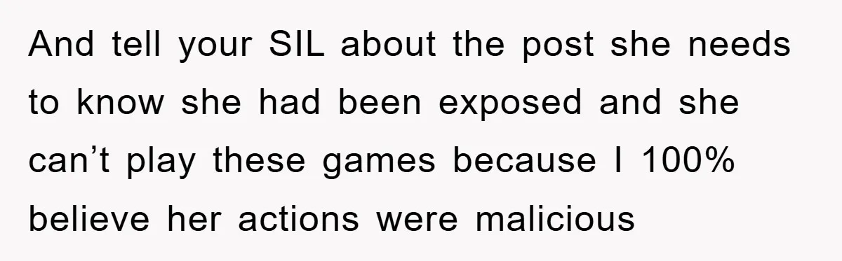 And tell your SIL about the post she needs to know she had been exposed and she can’t play these games because I 100% believe her actions were malicious