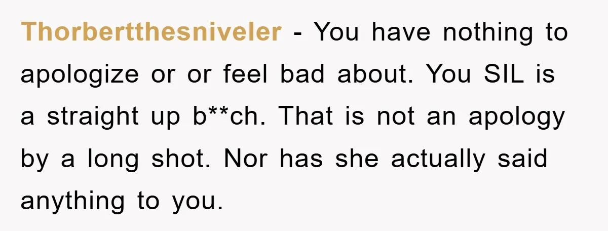 Thorbertthesniveler − You have nothing to apologize or or feel bad about. You SIL is a straight up b**ch. That is not an apology by a long shot. Nor has...