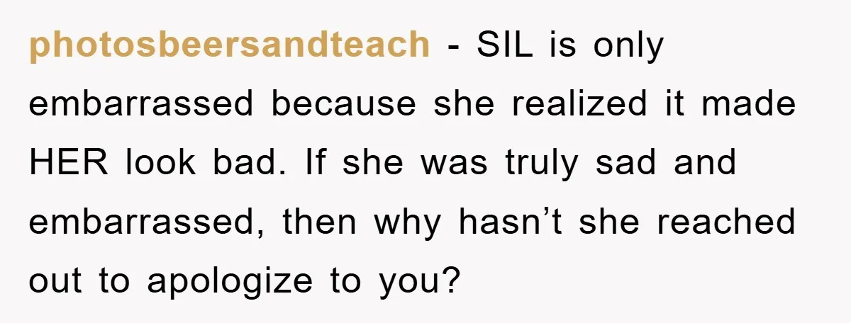 photosbeersandteach − SIL is only embarrassed because she realized it made HER look bad. If she was truly sad and embarrassed, then why hasn’t she reached out to apologize to...