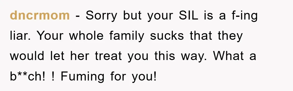 dncrmom − Sorry but your SIL is a f-ing liar. Your whole family sucks that they would let her treat you this way. What a b**ch! ! Fuming for you!