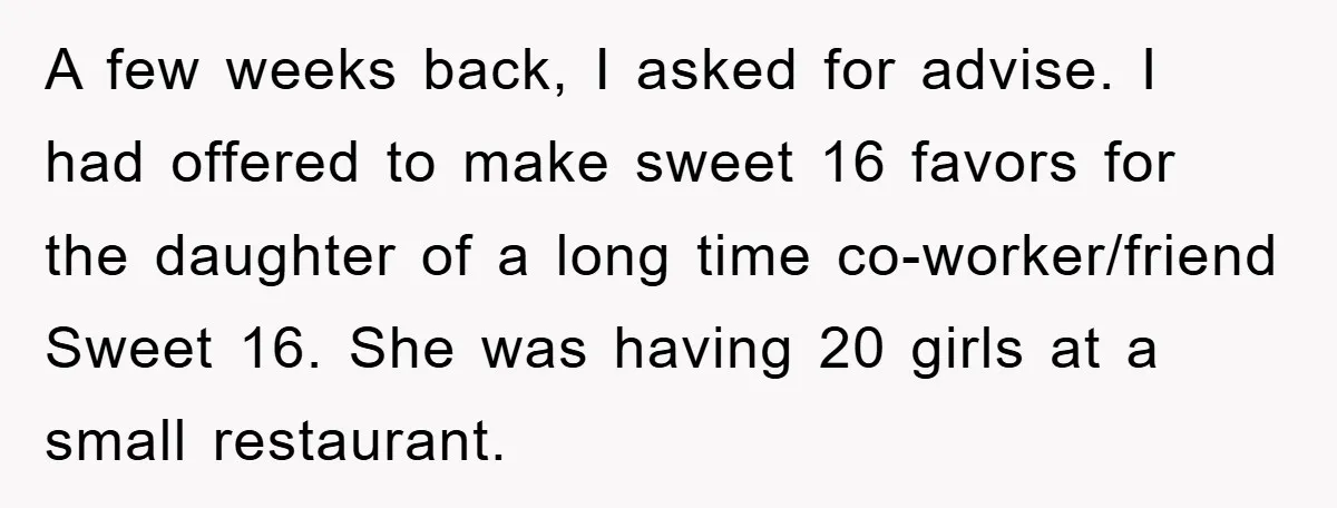 A few weeks back, I asked for advise. I had offered to make sweet 16 favors for the daughter of a long time co-worker/friend Sweet 16. She was having 20...