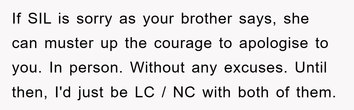 If SIL is sorry as your brother says, she can muster up the courage to apologise to you. In person. Without any excuses. Until then, I'd just be LC /...