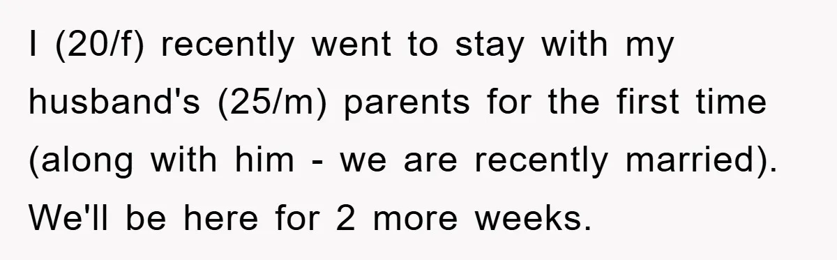 I (20/f) recently went to stay with my husband's (25/m) parents for the first time (along with him - we are recently married). We'll be here for 2 more weeks.