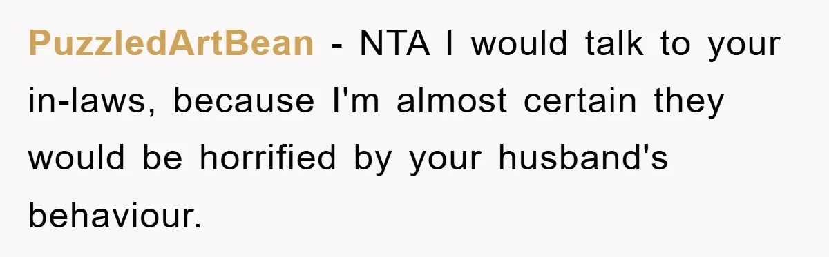 PuzzledArtBean − NTA I would talk to your in-laws, because I'm almost certain they would be horrified by your husband's behaviour.