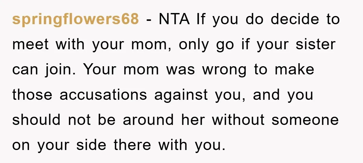 springflowers68 − NTA If you do decide to meet with your mom, only go if your sister can join. Your mom was wrong to make those accusations against you, and...