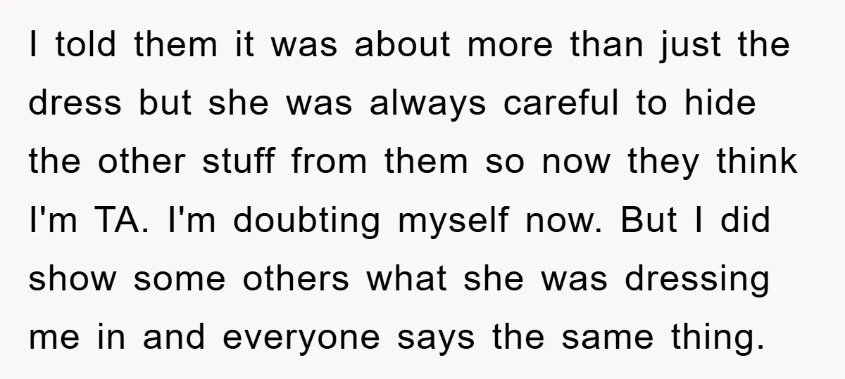 I told them it was about more than just the dress but she was always careful to hide the other stuff from them so now they think I'm TA. I'm...