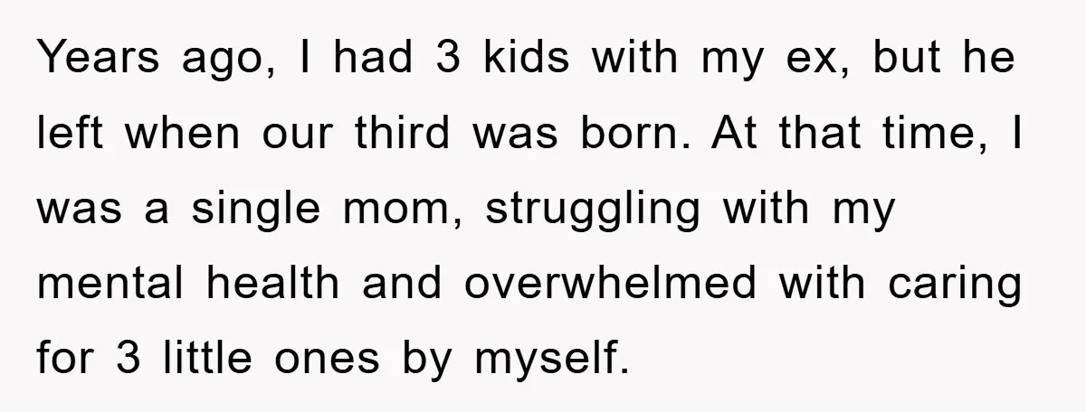 Years ago, I had 3 kids with my ex, but he left when our third was born. At that time, I was a single mom, struggling with my mental health...