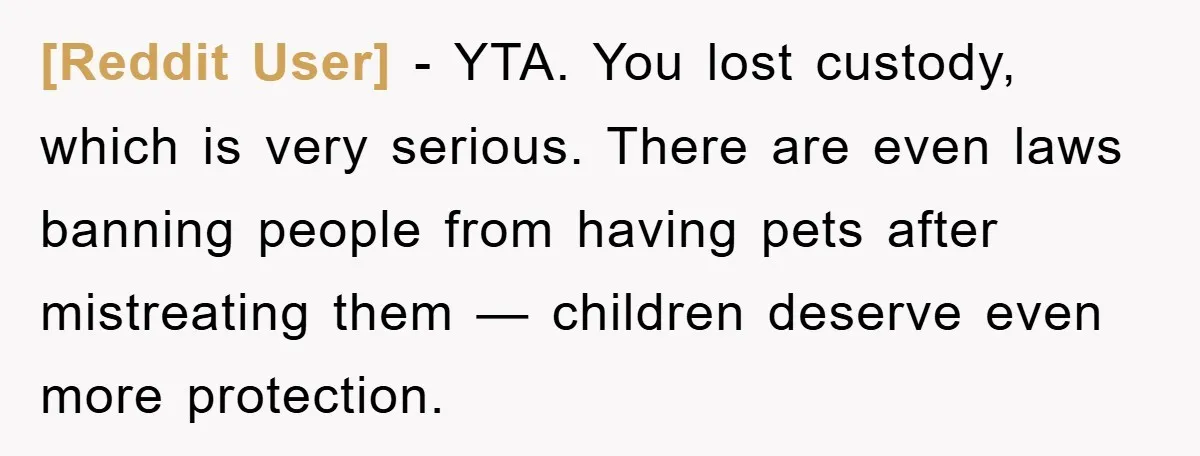 [Reddit User] − YTA. You lost custody, which is very serious. There are even laws banning people from having pets after mistreating them — children deserve even more protection.