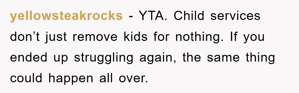 yellowsteakrocks − YTA. Child services don’t just remove kids for nothing. If you ended up struggling again, the same thing could happen all over.