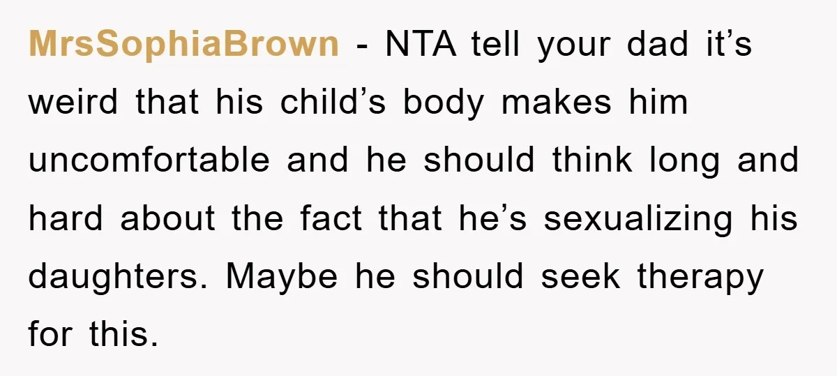 MrsSophiaBrown − NTA tell your dad it’s weird that his child’s body makes him uncomfortable and he should think long and hard about the fact that he’s sexualizing his daughters....