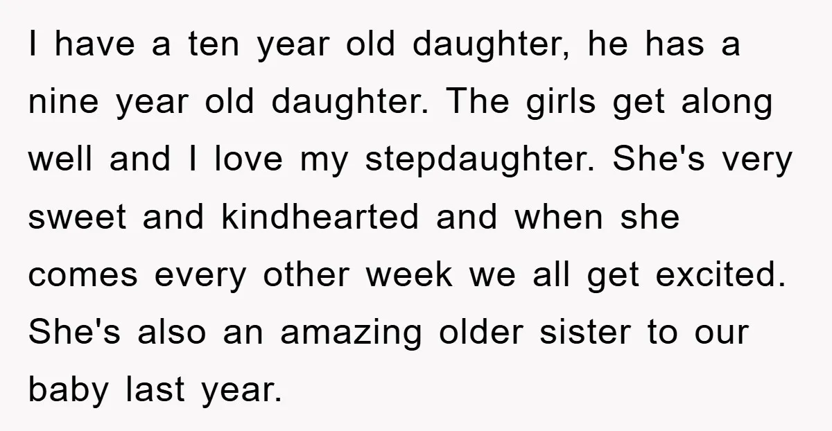 I have a ten year old daughter, he has a nine year old daughter. The girls get along well and I love my stepdaughter. She's very sweet and kindhearted and...