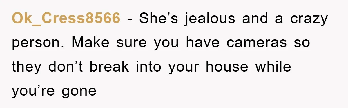 Ok_Cress8566 − She’s jealous and a crazy person. Make sure you have cameras so they don’t break into your house while you’re gone