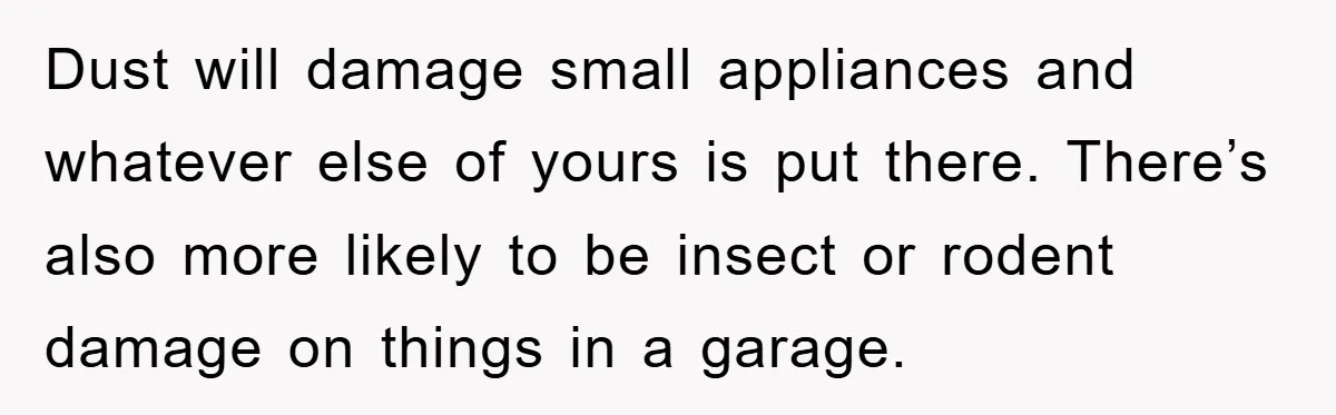 Dust will damage small appliances and whatever else of yours is put there. There’s also more likely to be insect or rodent damage on things in a garage.