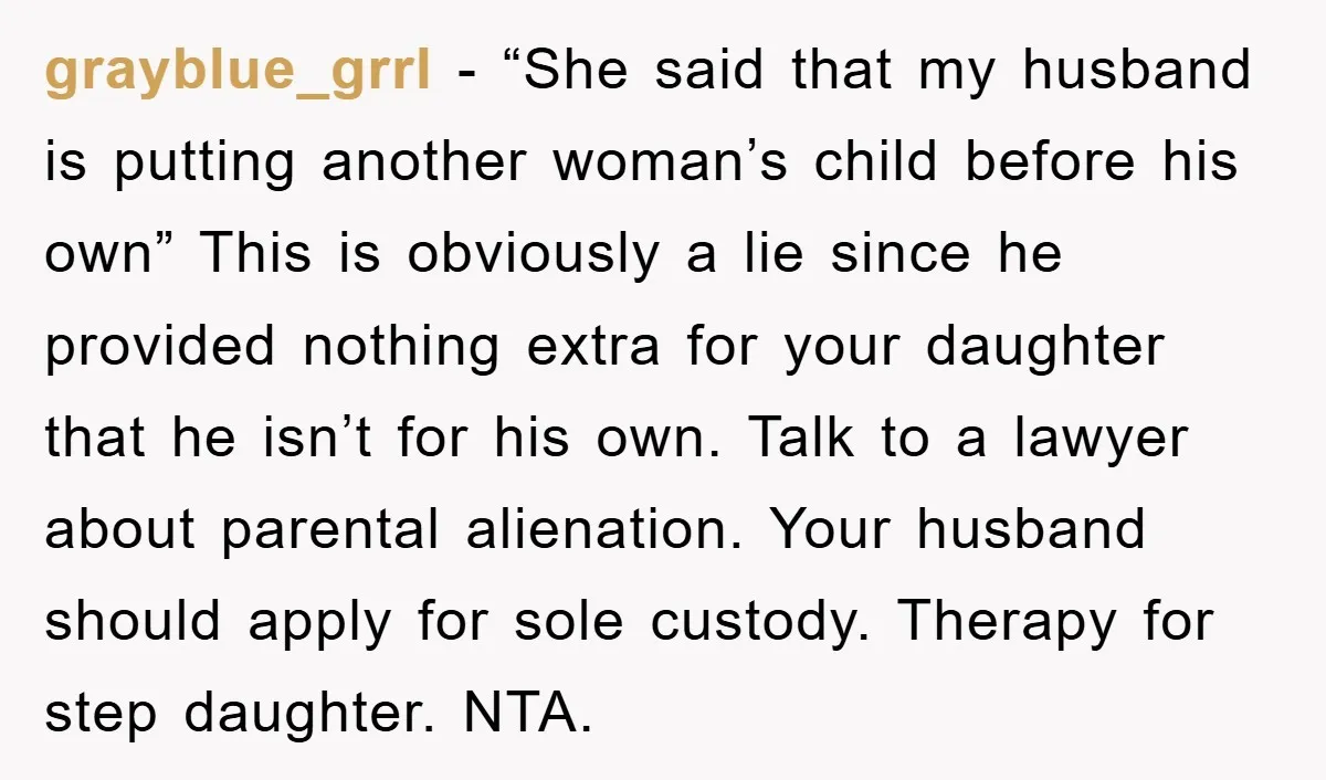 grayblue_grrl − “She said that my husband is putting another woman’s child before his own” This is obviously a lie since he provided nothing extra for your daughter that he...