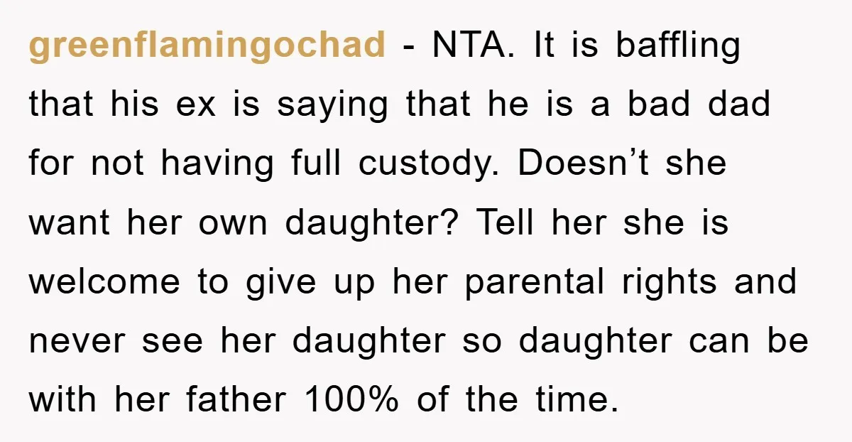 greenflamingochad − NTA. It is baffling that his ex is saying that he is a bad dad for not having full custody. Doesn’t she want her own daughter? Tell her...