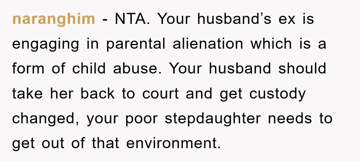 naranghim − NTA. Your husband’s ex is engaging in parental alienation which is a form of child abuse. Your husband should take her back to court and get custody changed,...