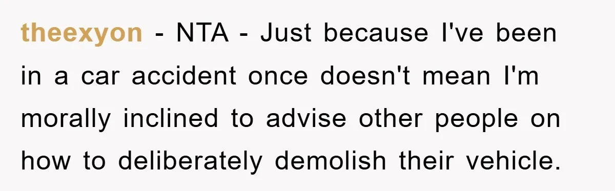 theexyon − NTA - Just because I've been in a car accident once doesn't mean I'm morally inclined to advise other people on how to deliberately demolish their vehicle.