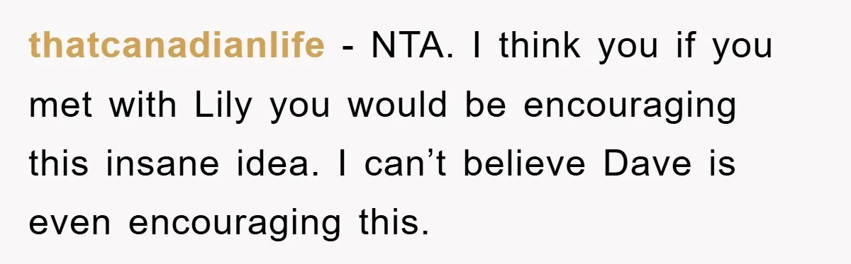 thatcanadianlife − NTA. I think you if you met with Lily you would be encouraging this insane idea. I can’t believe Dave is even encouraging this.