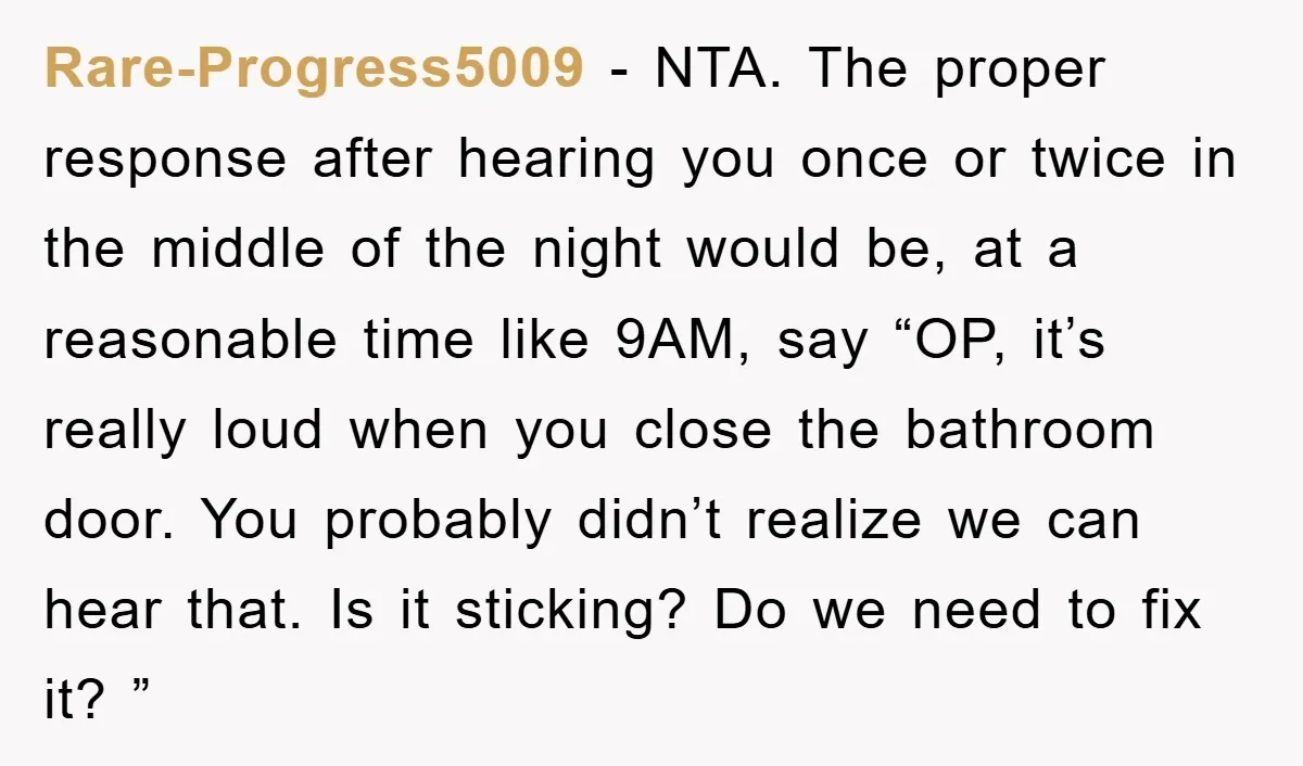 Rare-Progress5009 − NTA. The proper response after hearing you once or twice in the middle of the night would be, at a reasonable time like 9AM, say “OP, it’s really...