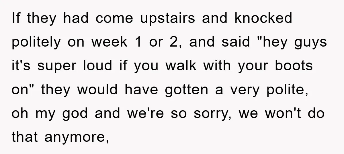 If they had come upstairs and knocked politely on week 1 or 2, and said "hey guys it's super loud if you walk with your boots on" they would have...