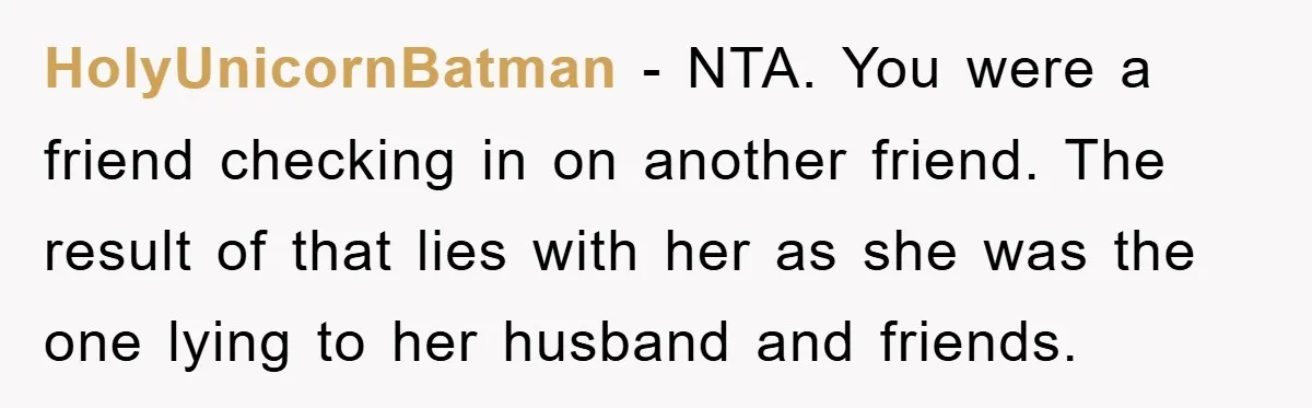 HolyUnicornBatman − NTA. You were a friend checking in on another friend. The result of that lies with her as she was the one lying to her husband and friends.