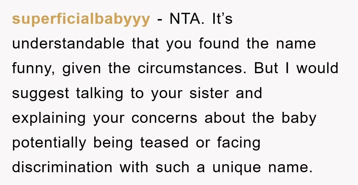 superficialbabyyy − NTA. It’s understandable that you found the name funny, given the circumstances. But I would suggest talking to your sister and explaining your concerns about the baby potentially...