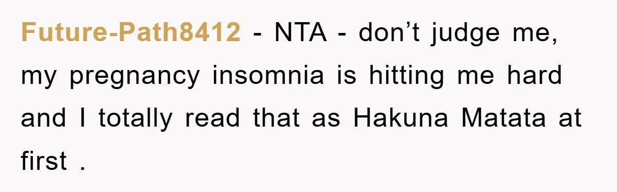 Future-Path8412 − NTA - don’t judge me, my pregnancy insomnia is hitting me hard and I totally read that as Hakuna Matata at first .