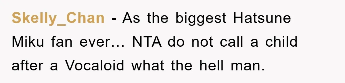 Skelly_Chan − As the biggest Hatsune Miku fan ever… NTA do not call a child after a Vocaloid what the hell man.