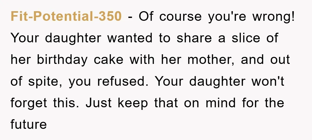 Fit-Potential-350 − Of course you're wrong! Your daughter wanted to share a slice of her birthday cake with her mother, and out of spite, you refused. Your daughter won't forget...