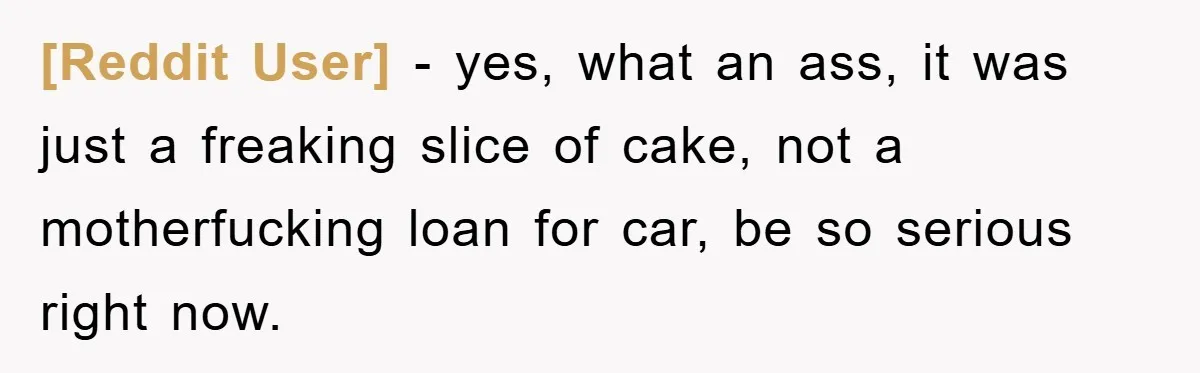 [Reddit User] − yes, what an ass, it was just a freaking slice of cake, not a motherfucking loan for car, be so serious right now.
