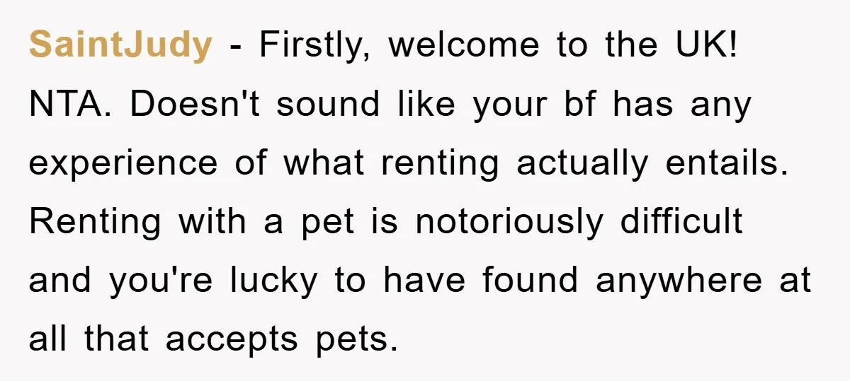 SaintJudy − Firstly, welcome to the UK! NTA. Doesn't sound like your bf has any experience of what renting actually entails. Renting with a pet is notoriously difficult and you're...