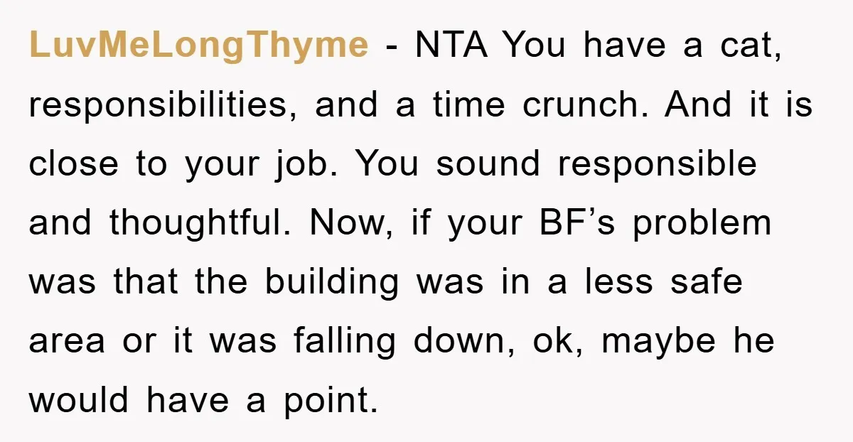 LuvMeLongThyme − NTA You have a cat, responsibilities, and a time crunch. And it is close to your job. You sound responsible and thoughtful. Now, if your BF’s problem was...