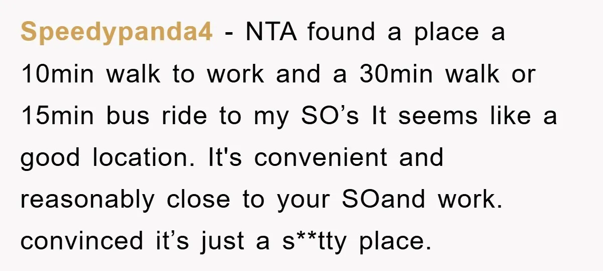 Speedypanda4 − NTA found a place a 10min walk to work and a 30min walk or 15min bus ride to my SO’s It seems like a good location. It's convenient...