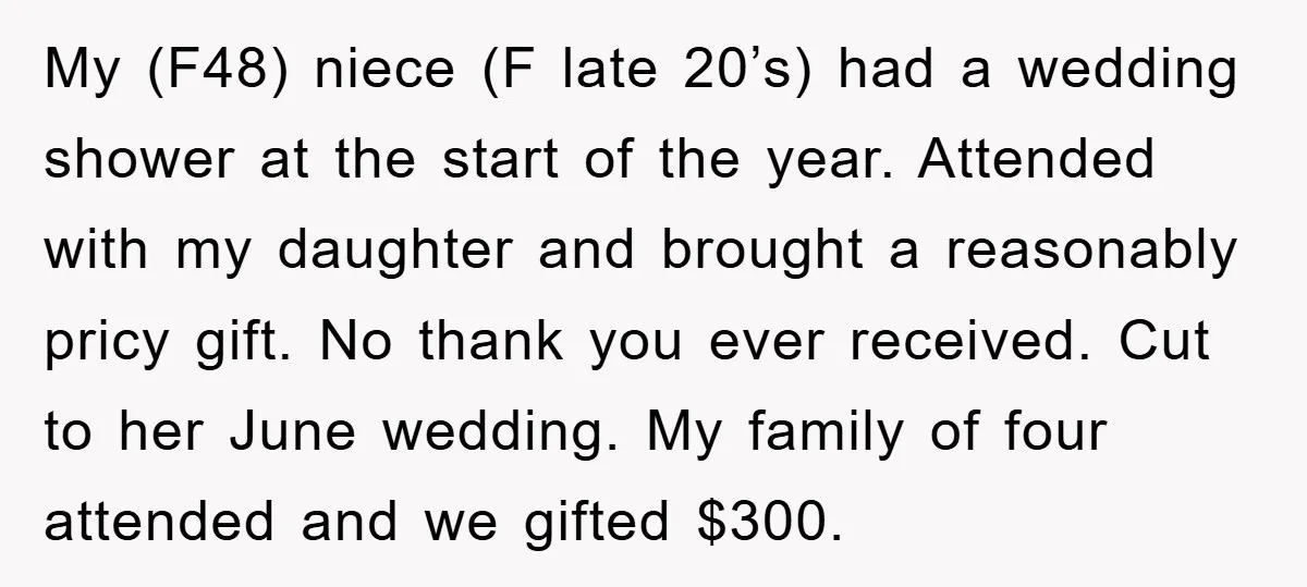 My (F48) niece (F late 20’s) had a wedding shower at the start of the year. Attended with my daughter and brought a reasonably pricy gift. No thank you ever...