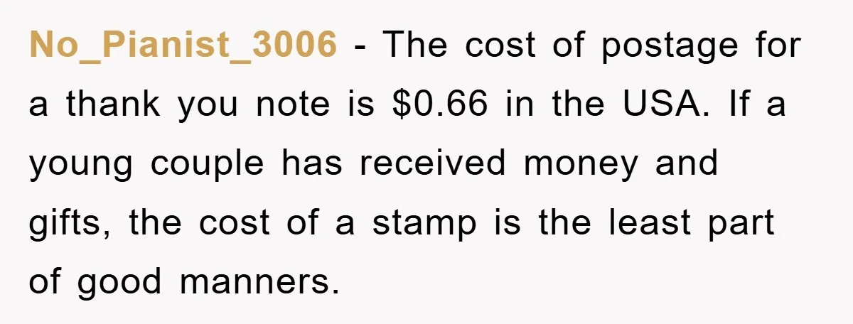 No_Pianist_3006 − The cost of postage for a thank you note is $0.66 in the USA. If a young couple has received money and gifts, the cost of a stamp...