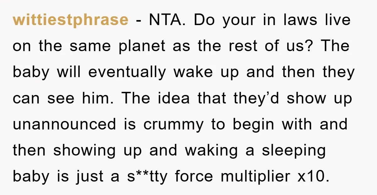 wittiestphrase − NTA. Do your in laws live on the same planet as the rest of us? The baby will eventually wake up and then they can see him. The...