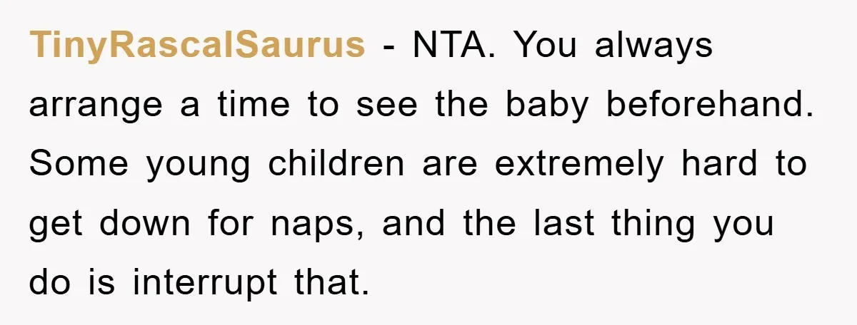 TinyRascalSaurus − NTA. You always arrange a time to see the baby beforehand. Some young children are extremely hard to get down for naps, and the last thing you do...