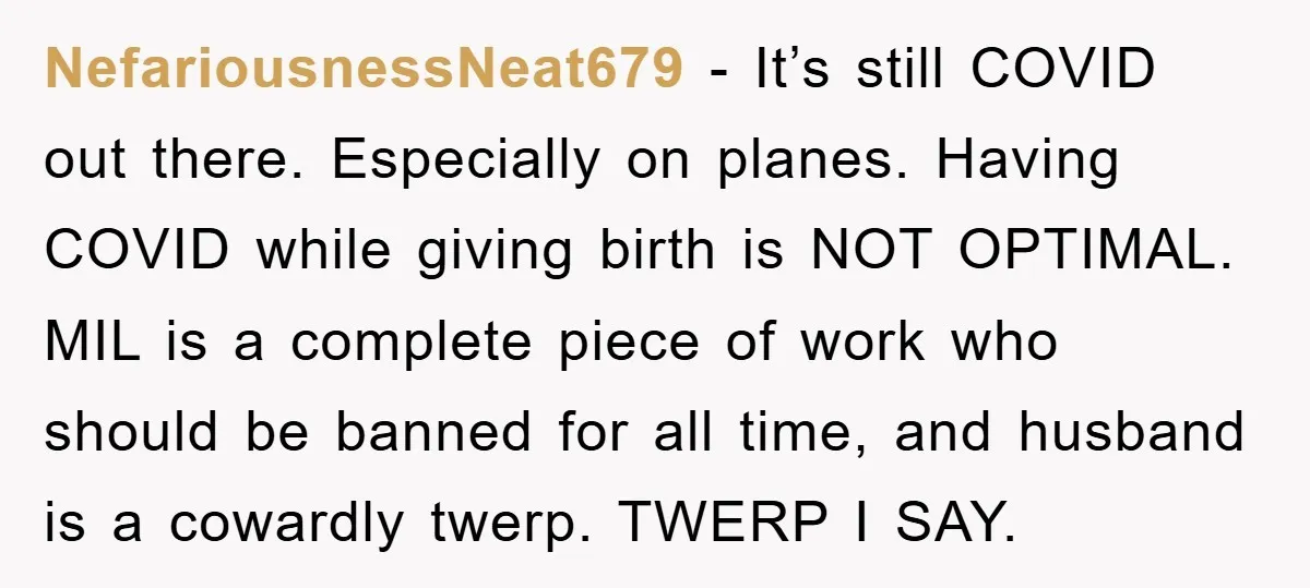 NefariousnessNeat679 − It’s still COVID out there. Especially on planes. Having COVID while giving birth is NOT OPTIMAL. MIL is a complete piece of work who should be banned for...